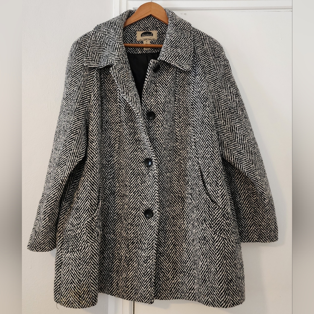 Mark Reed Herringbone Womens Wool Blend Tweed Pattern Collared Coat Jacket 16
